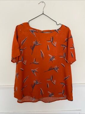 Women's Floral-Print Short Sleeve Blouse in Rust Orange
